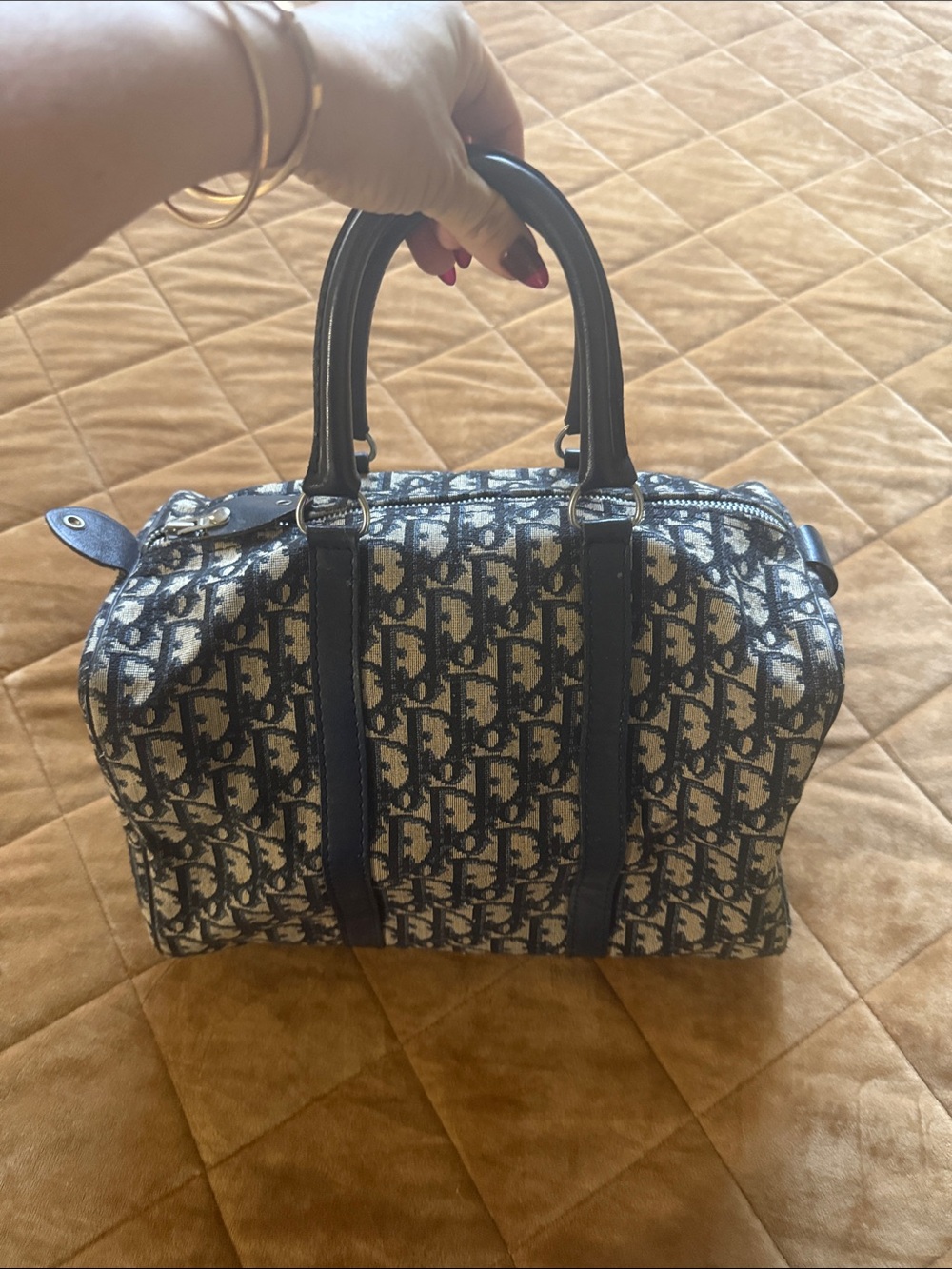 CHRISTIAN DIOR Blue Monogram Tote Bag with Leather Trim